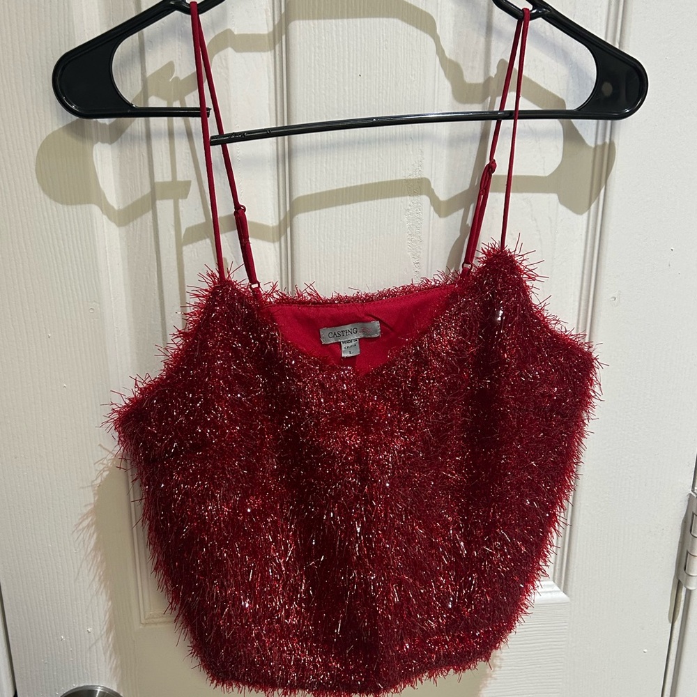 Red Tinsel Crop Camisole with Adjustable Straps